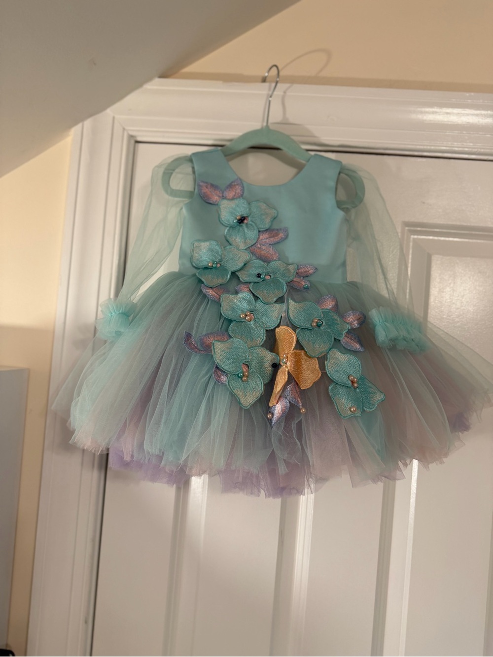 Girls' Aqua Floral Tulle Party  Dress